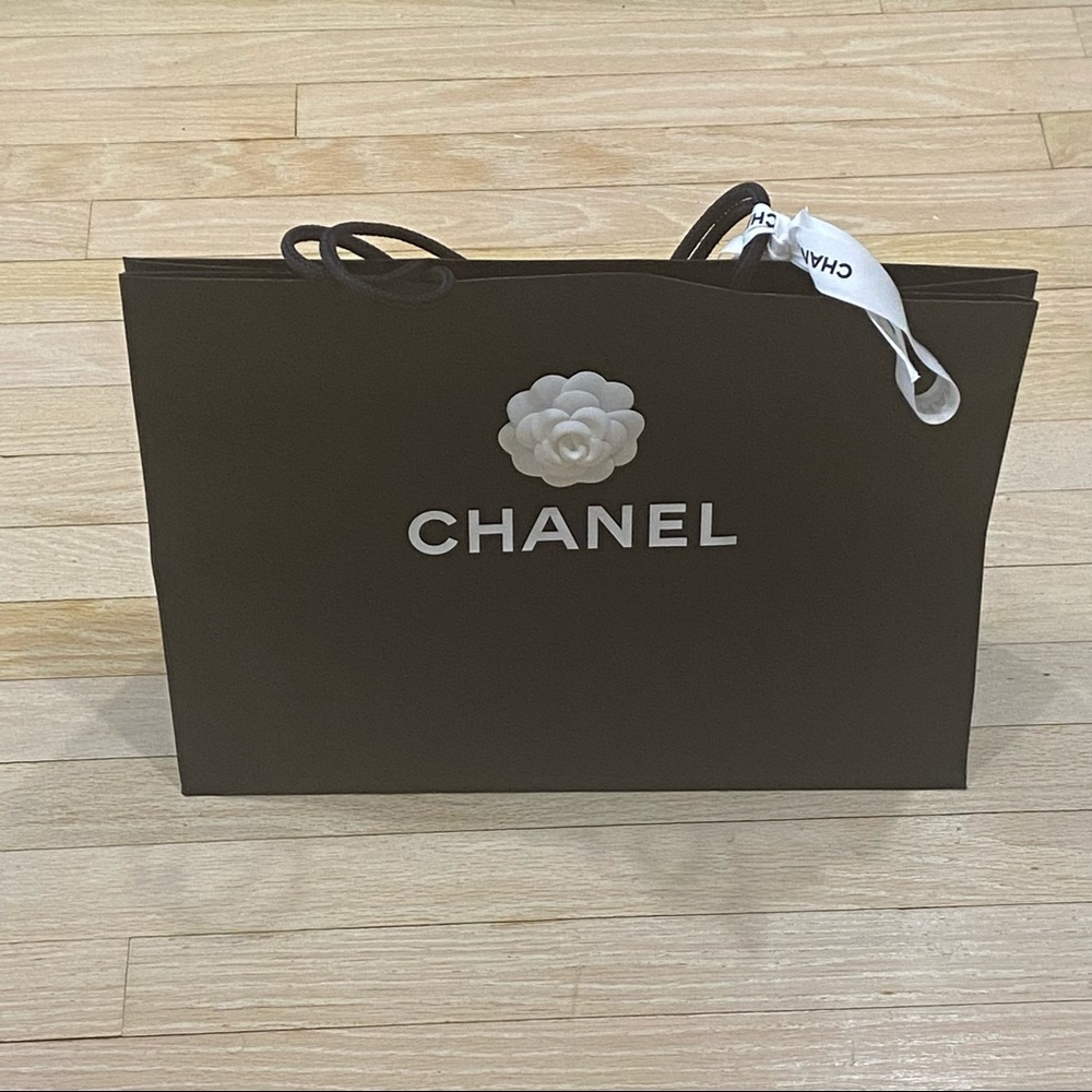 Authentic Chanel Black Paper Shopping Gift Bag with Camellia and Ribbon